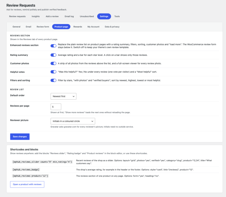 Settings, Product page: reviews section, rating summary, customer photos, helpful votes, filters, default order and the shortcodes
