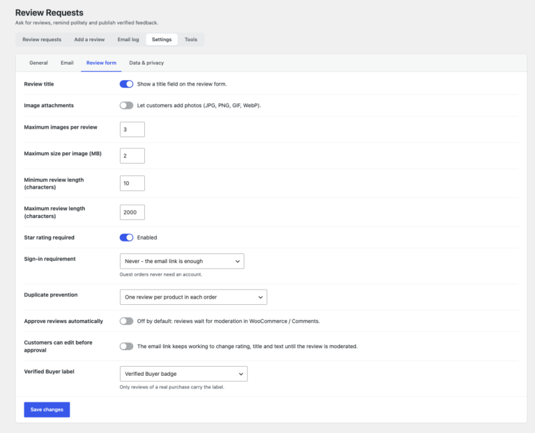 Review form settings: title, photos, length, rating, sign-in and Verified Buyer label