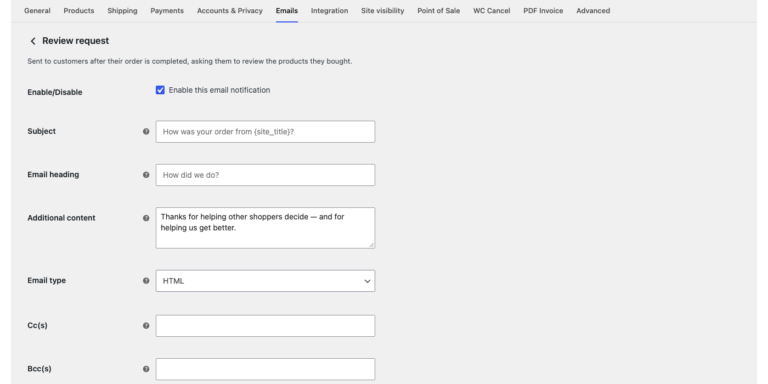 The Review request email inside WooCommerce, Settings, Emails