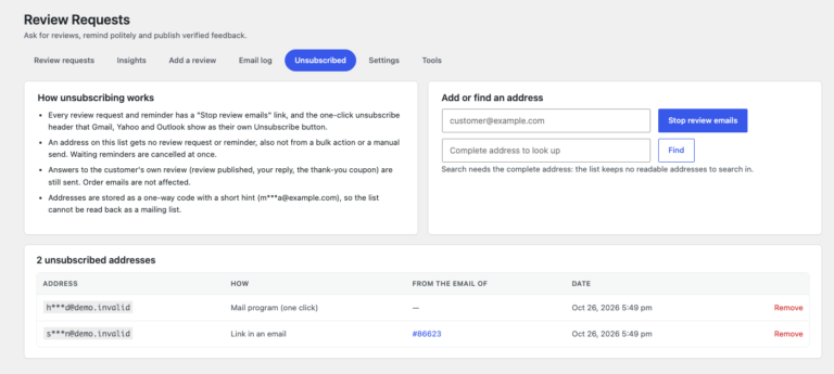 Review Requests, Unsubscribed: how unsubscribing works, add or find an address, and the list of masked addresses