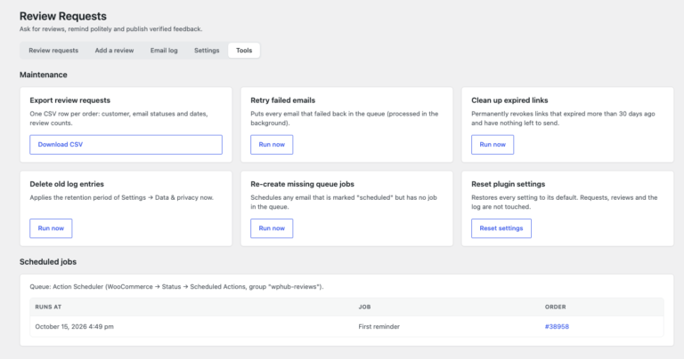 Maintenance tools and the list of scheduled queue jobs