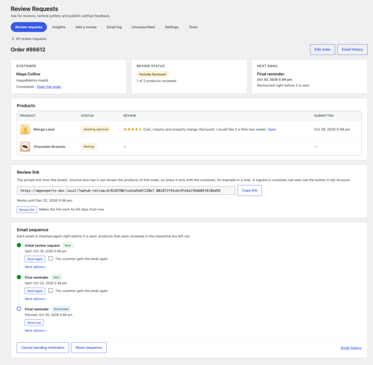 Order detail: customer, review status, next email, products with their reviews, the review link and the three emails as a timeline