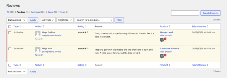 New reviews waiting for approval in the normal WooCommerce review list