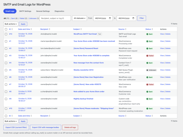 The Email Logs list with sent, failed and unknown emails showing recipient, subject, source and status