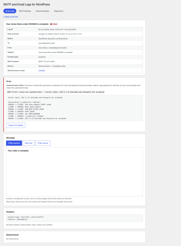 A failed email with the authentication error explained, the server reply, the conversation with credentials removed and a Copy error details button