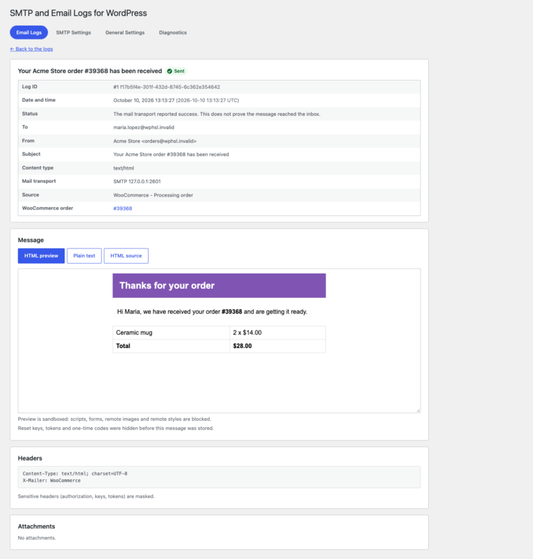 A sent WooCommerce email with its details, a sandboxed HTML preview, headers and an attachment