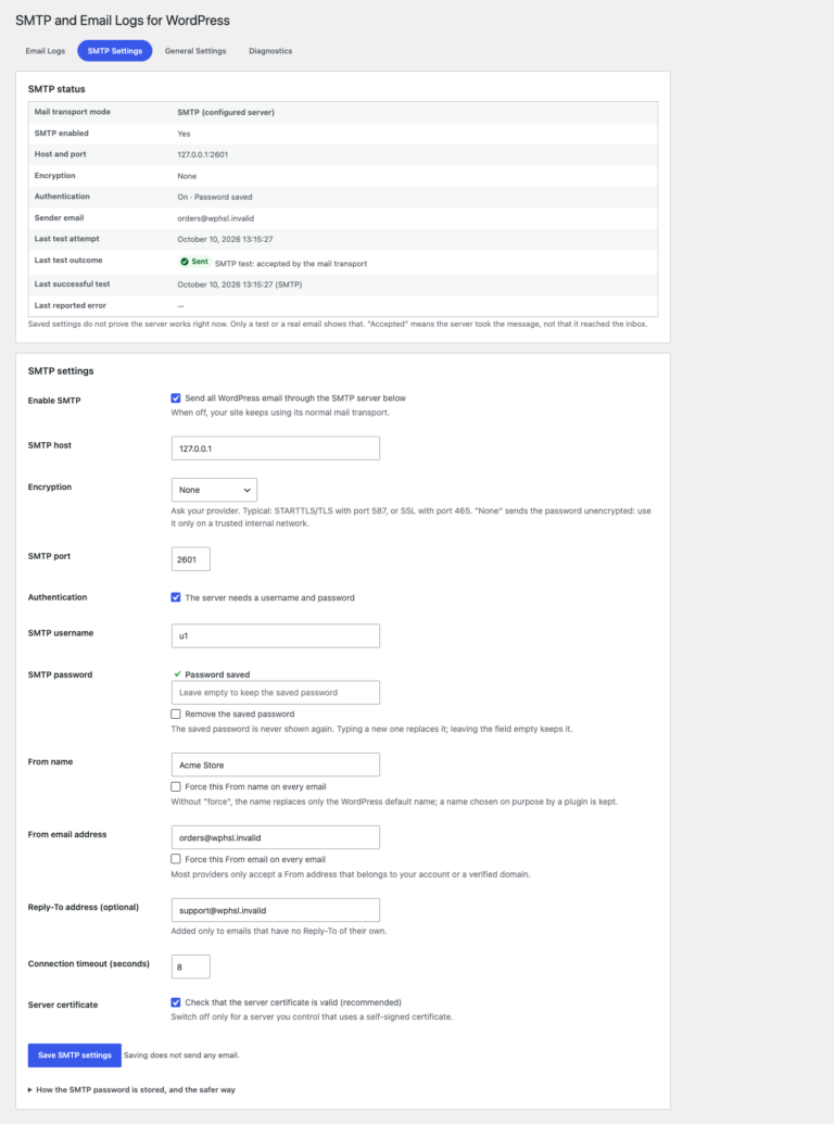 The SMTP Settings tab with the SMTP status table and the settings form for host, encryption, port, login and sender