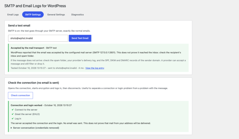A successful test email and a successful connection check with each step ticked