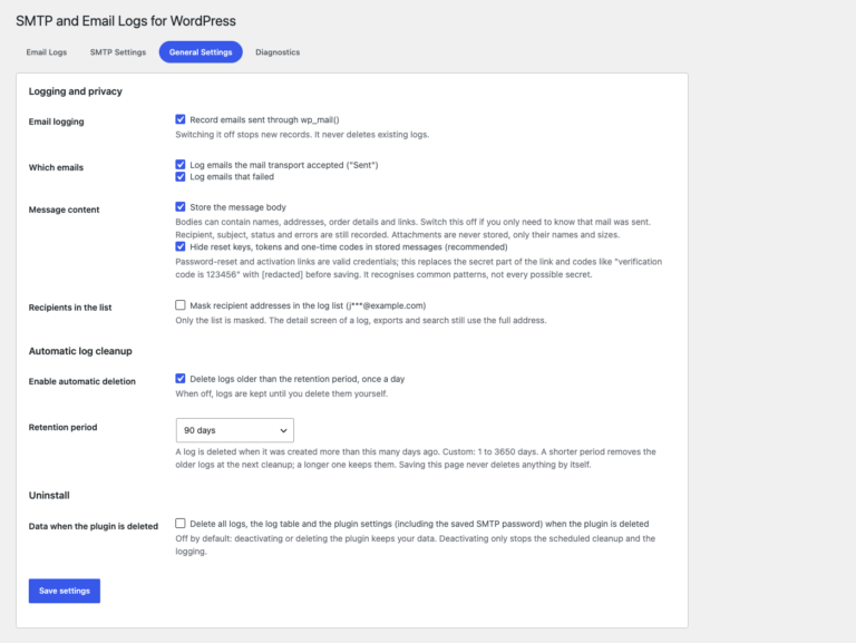 The General Settings tab with logging, privacy, automatic cleanup and uninstall options
