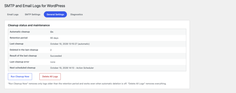 The cleanup status table with last run, deleted count and next scheduled run, plus Run Cleanup Now and Delete All Logs