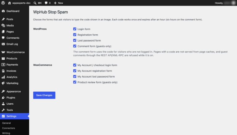 Settings screen with a checkbox for each WordPress and WooCommerce form that asks for the image code