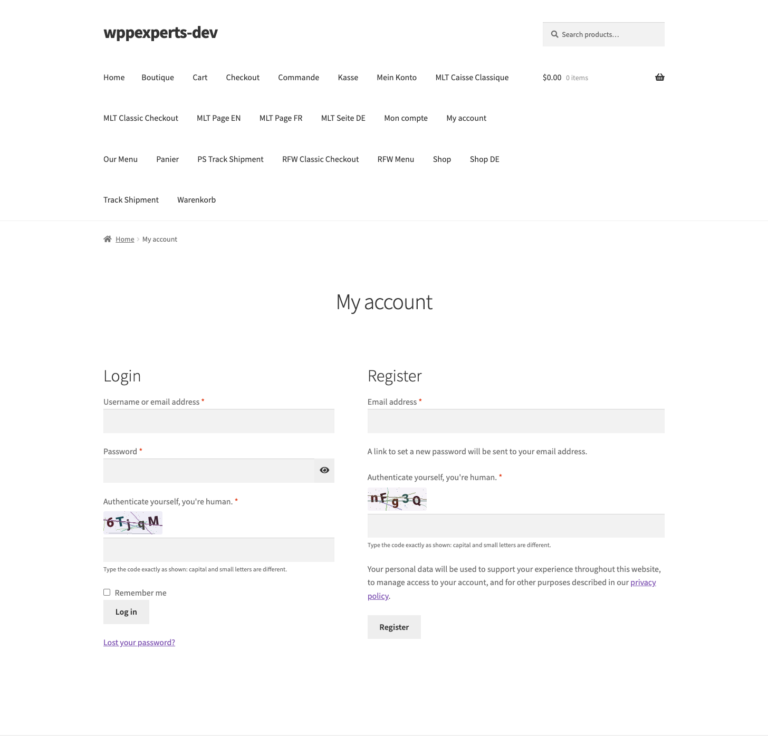 WooCommerce My Account page with an image code on both the login and register forms