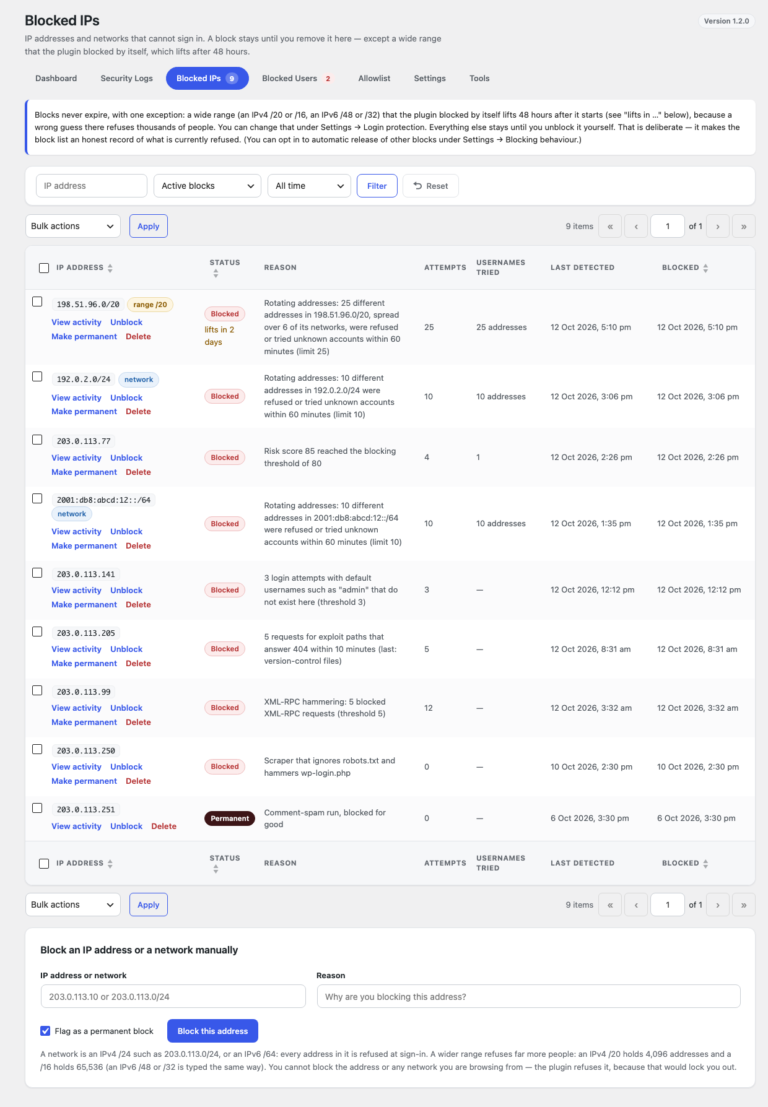 Blocked IPs with a /20 range blocked automatically and counting down, a /24 and an IPv6 /64 network, single addresses, a permanent block and the manual block form