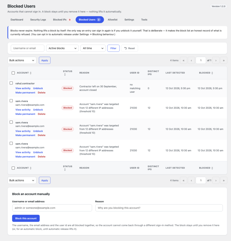 Blocked Users with an account blocked by hand and an account blocked after an attack from 12 addresses, one row for each identifier