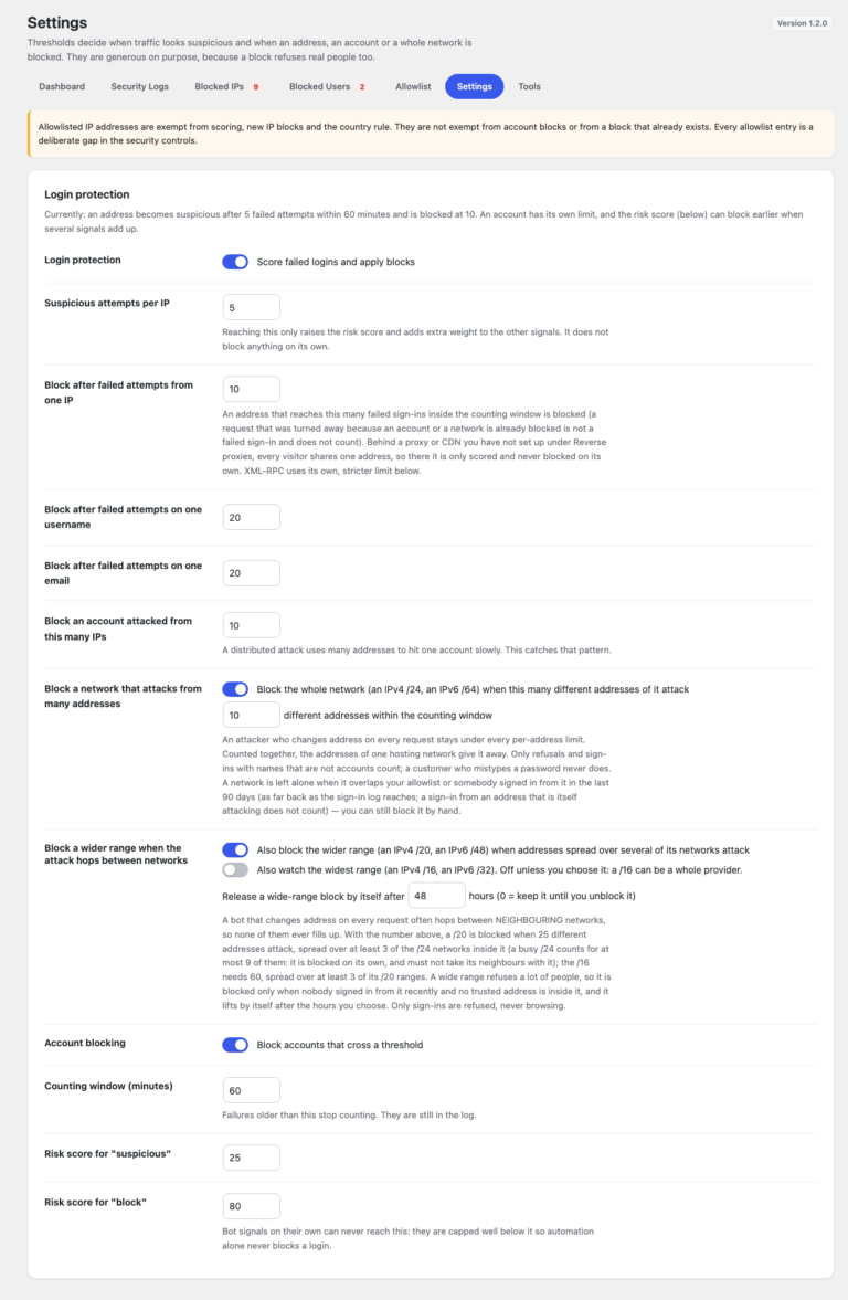 Login protection settings: the per-address limit, the network rule, the wide-range rule, the optional widest range and the 48-hour release of a wide-range block