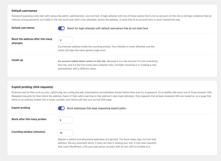 Settings for default usernames such as admin and for exploit probing of paths like /.env that answer 404