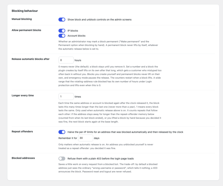 Blocking behaviour settings: permanent blocks, automatic release, longer blocks for repeat offenders and early refusal of blocked addresses