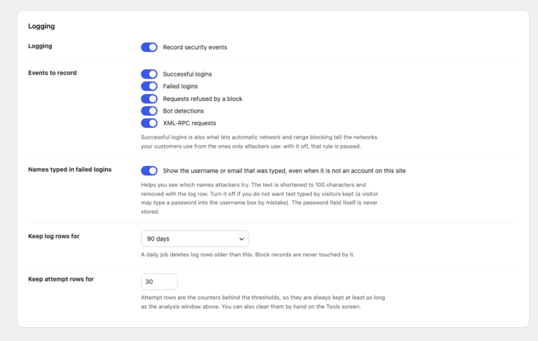 Logging settings: which events are recorded, the names typed in failed sign-ins, log retention and attempt retention