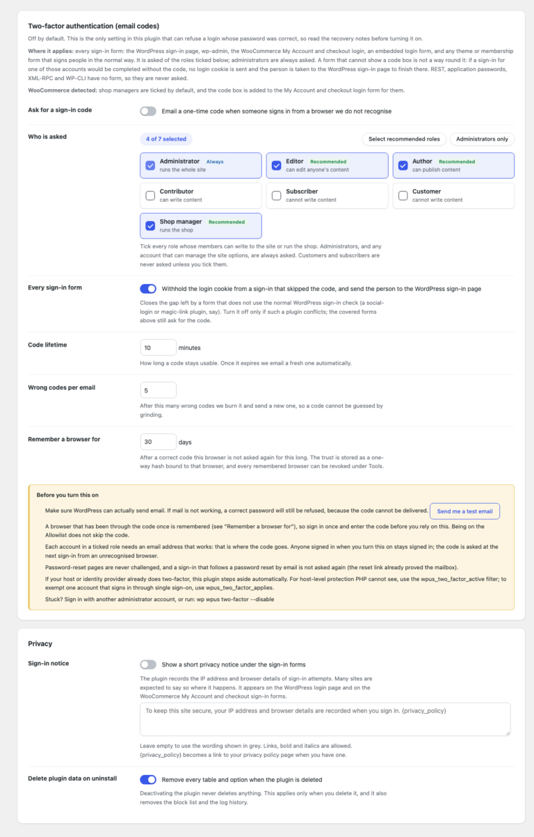 Settings for the optional email sign-in code and for the privacy notice and uninstall choice