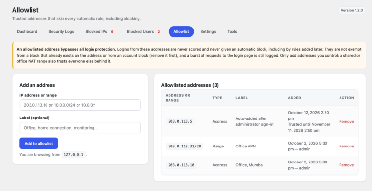 The Allowlist with an office address, an office VPN range and an automatic entry added after an administrator signed in