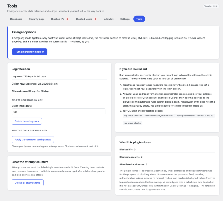 Tools with emergency mode, log retention, the three ways back in after a lockout and what the plugin stores