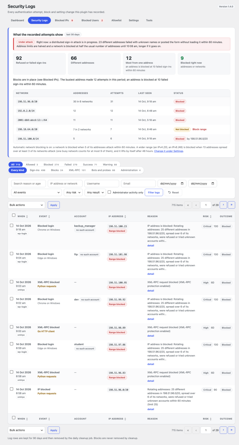 Security Logs with outcome links and counts, filters and compact rows that show the client, no such account marks, Range blocked marks and a Block address link