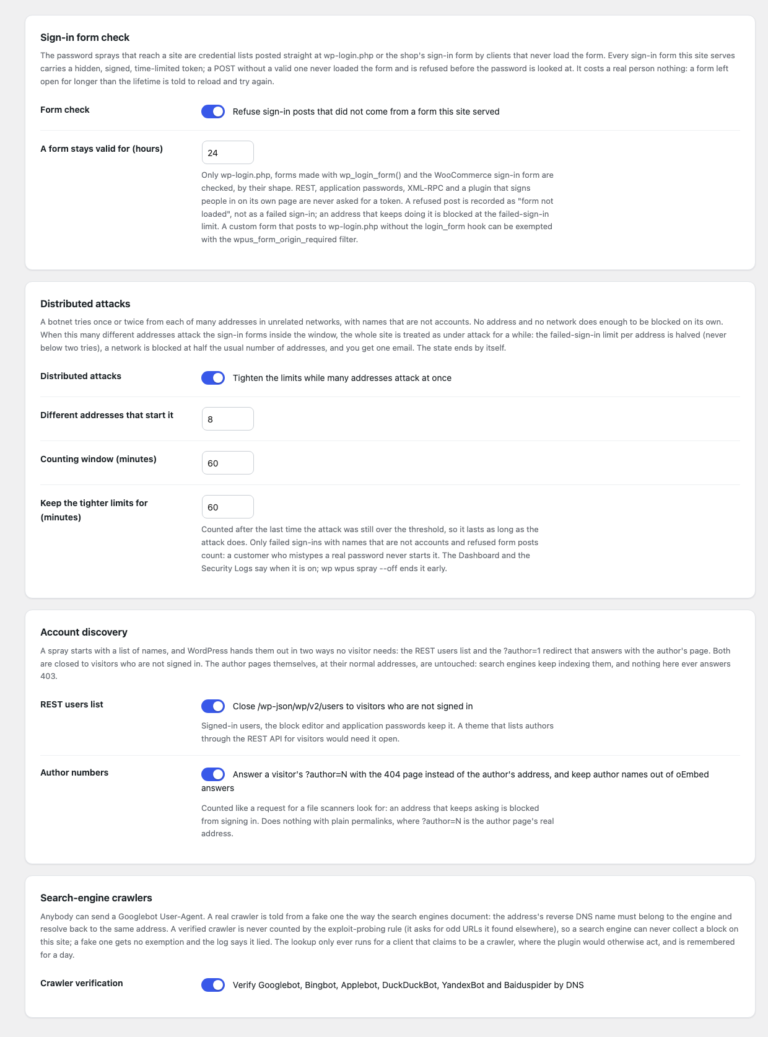 The four Settings cards added in 1.4.0: the sign-in form check with its 24-hour lifetime, the distributed-attack limits, the two account-discovery switches and crawler verification