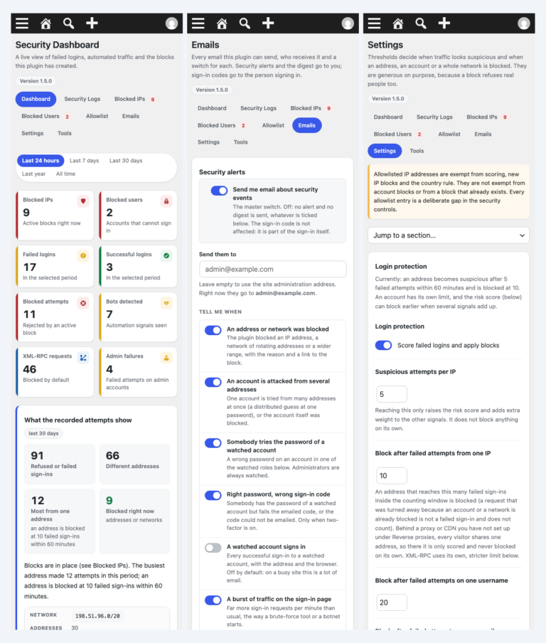 Three phone-width views side by side: the Dashboard with wrapped tabs and two tiles per row, the Emails screen with its switches, and Settings with the Jump to a section select