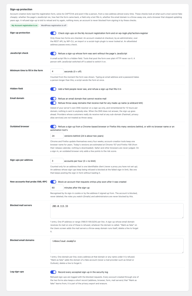 Sign-up protection settings: the JavaScript check, minimum fill time, hidden field, email-domain checks, outdated-browser limit, sign-ups per address, the XML-RPC watch and the two lists Mark as fake learns into