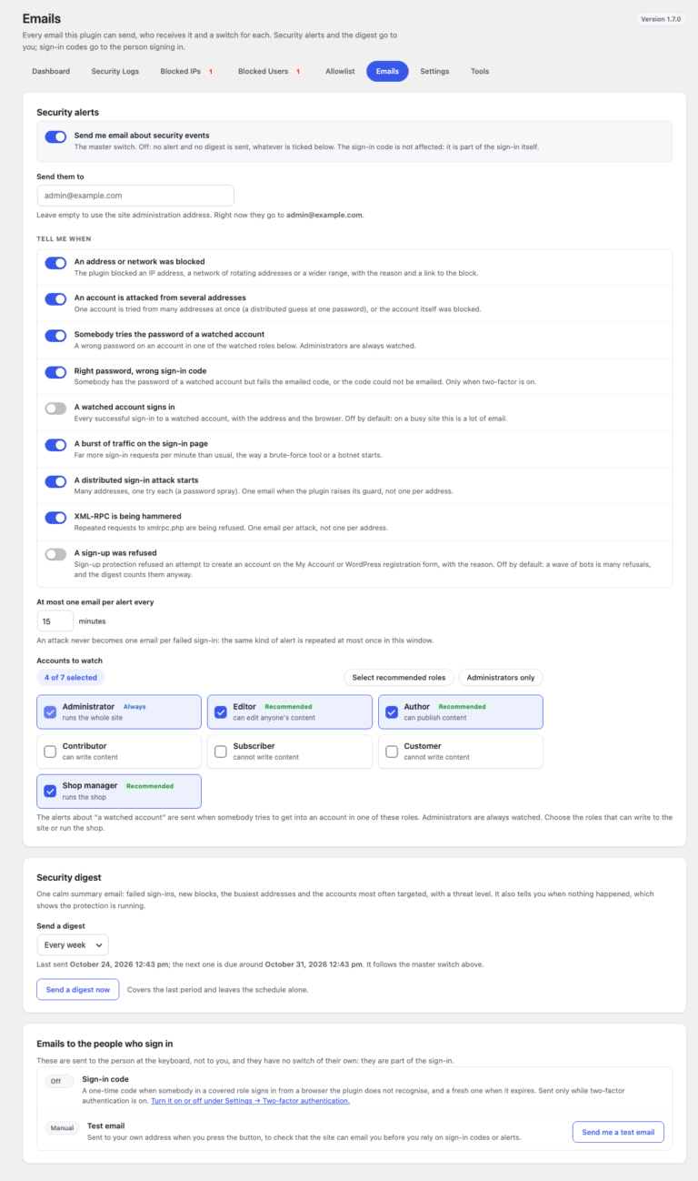 The Emails screen: the master switch, the address, nine security alerts each with a switch and one explanatory line, the repeat window, the accounts to watch and the security digest schedule