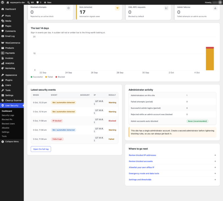 Security dashboard with the latest security events, administrator activity and next steps