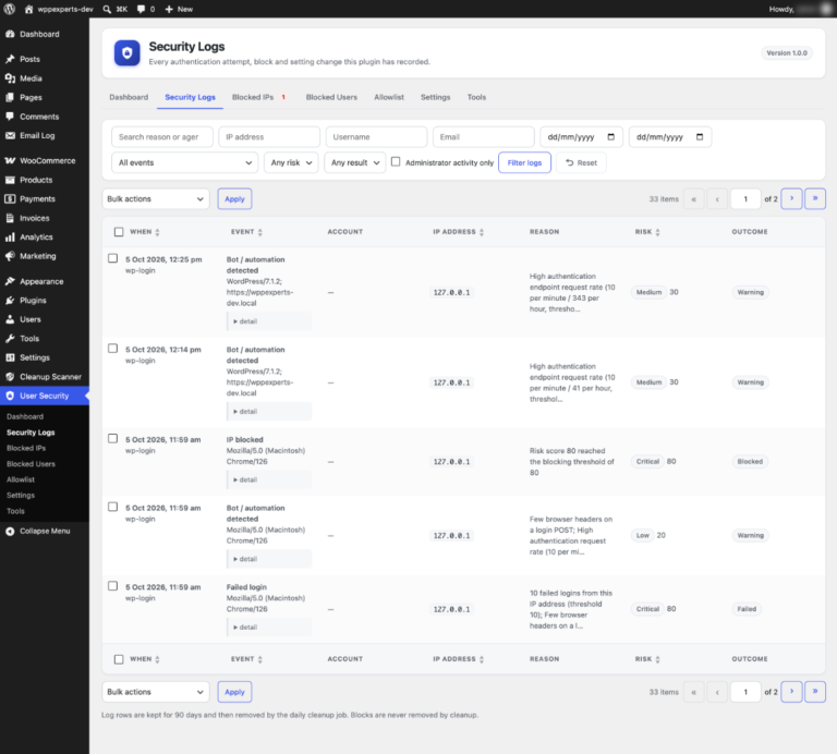 Security log listing every failed login, block and administrator event with its risk level and reason