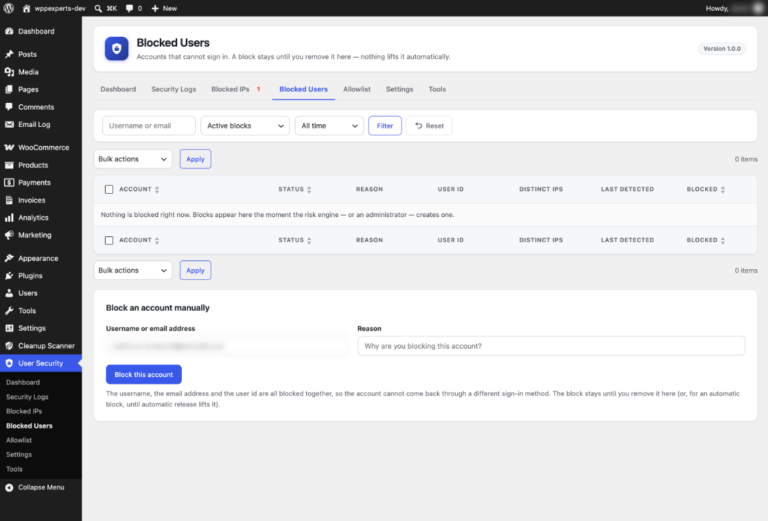 Blocked Users screen with a form to block an account by username or email address