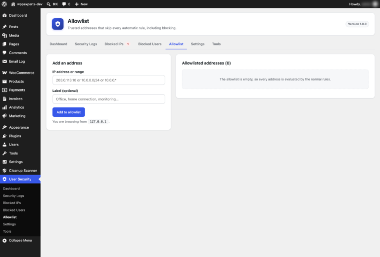 Allowlist screen for trusted IP addresses and ranges that skip every blocking rule