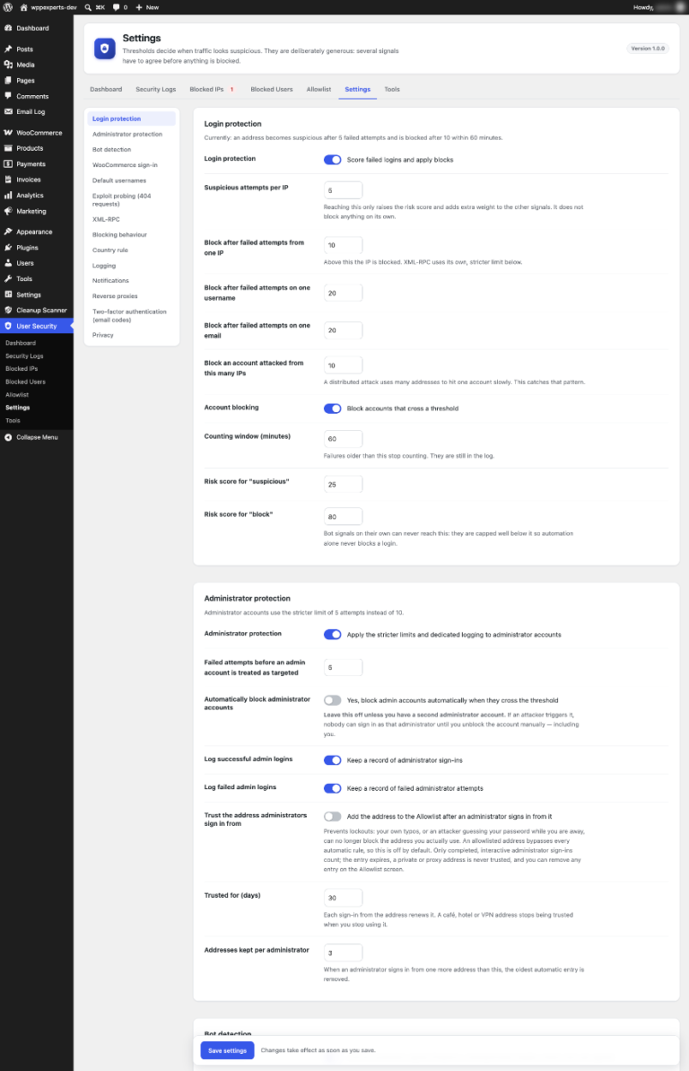Login protection and administrator protection settings with failed-attempt limits and risk scores