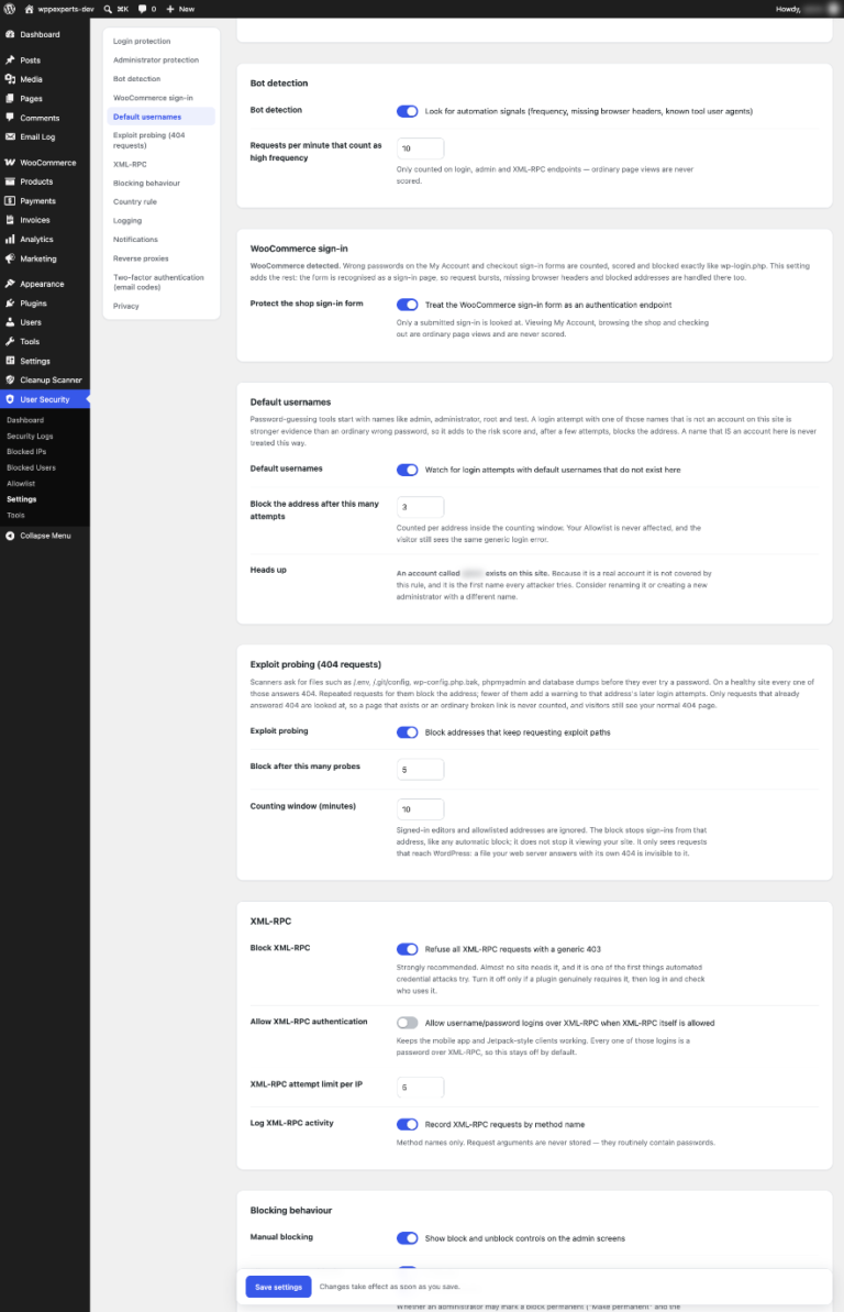 Settings for bot detection, WooCommerce sign-in, default usernames, exploit probing and XML-RPC