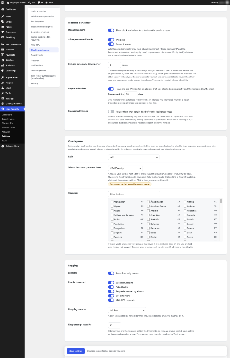 Settings for blocking behaviour, the country rule and logging