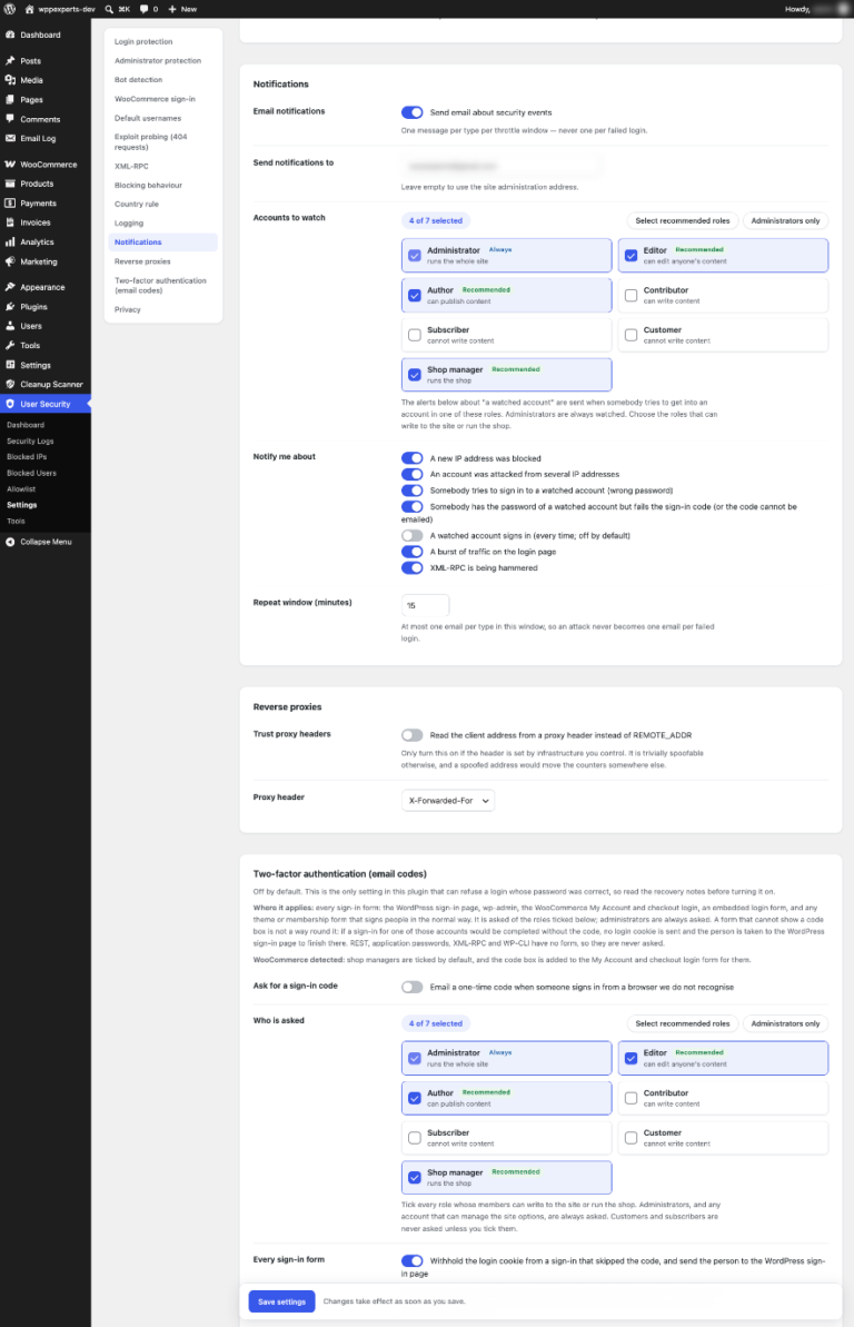 Settings for email notifications, reverse proxies and email sign-in codes