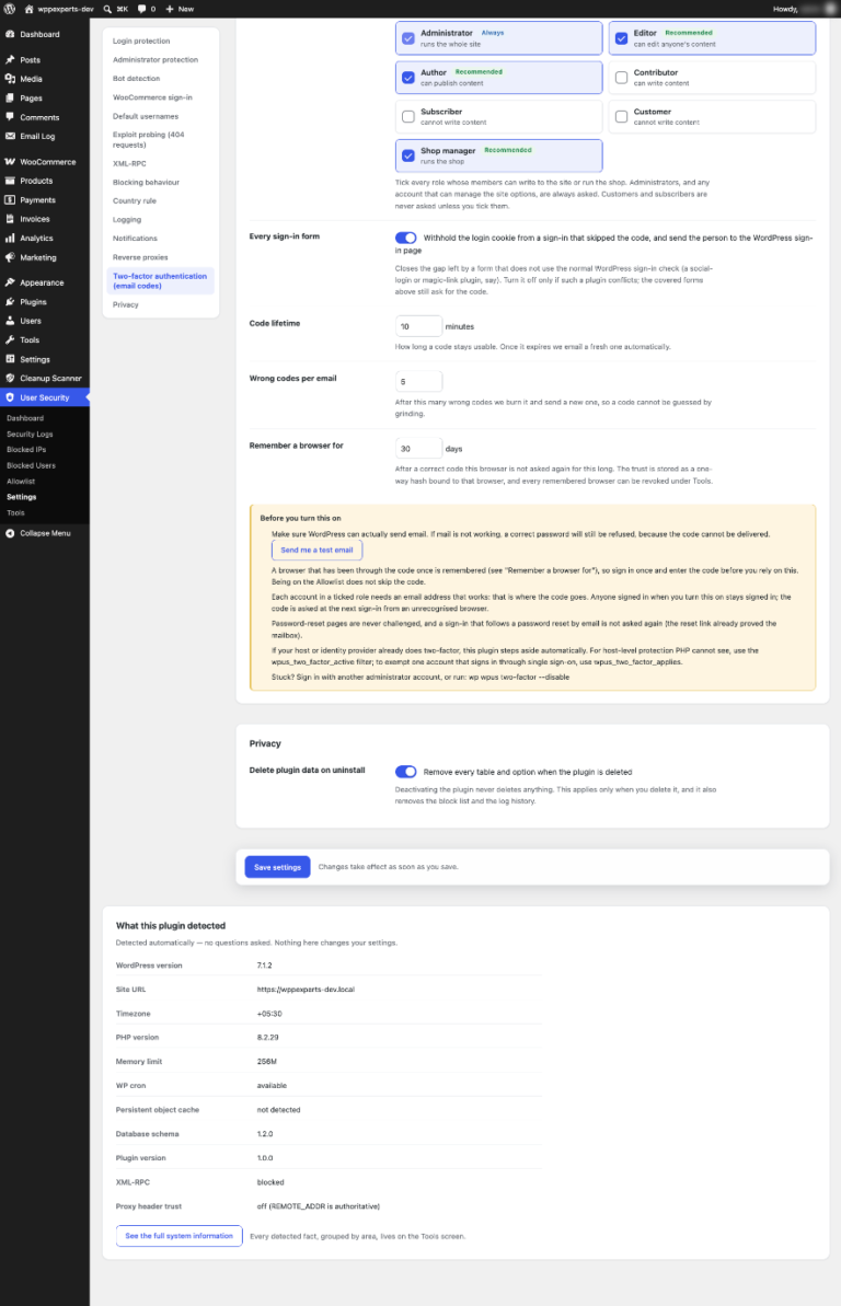 Email sign-in code options with role selection, code lifetime and trusted-browser settings, plus privacy