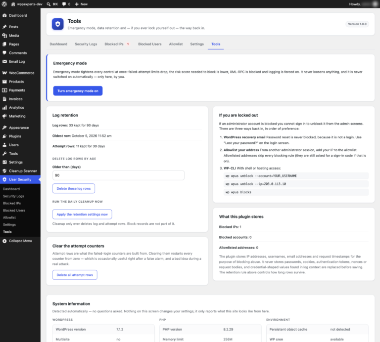 Tools screen with emergency mode, log retention and WP-CLI lockout recovery steps