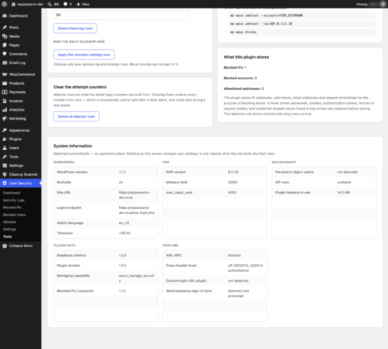 Tools screen with the attempt counters, what the plugin stores and detected system information