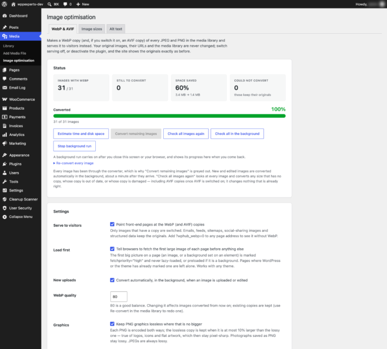 WordPress WebP plugin status screen with images converted, space saved and a progress bar