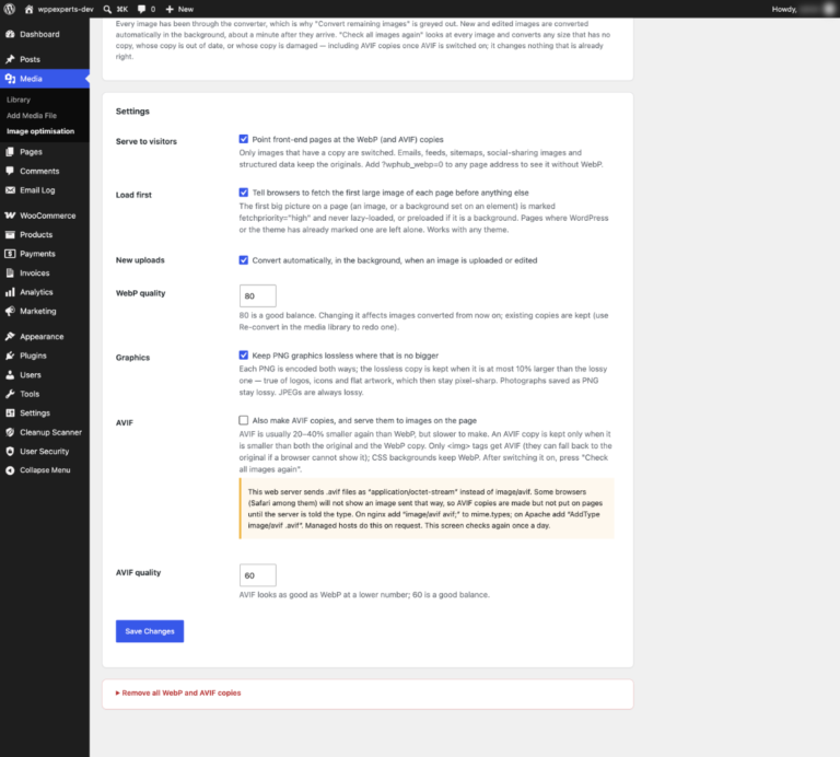 WebP/AVIF Images for WordPress settings for serving, quality, lossless graphics and AVIF